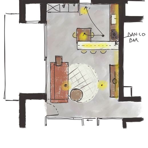 Zona giorno prima della ristrutturazione, bozza illuminazione progetto gestito dall'arch. Melissa Zanella 4
