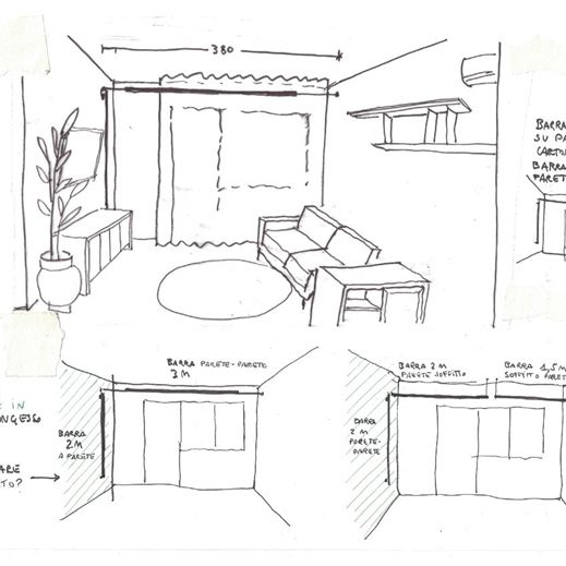 Bozze di progetto a mano zona giorno per rinnovo casa, curati da architetta Melissa Zanella 