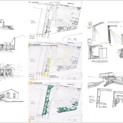 Disegni a mano a cura dell'architetta Zanella Melissa per progettazione piazzetta e dettagli di arredo urbano
